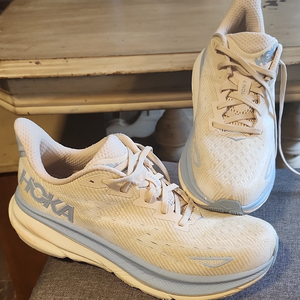 Hoka Women's Cream and Blue Athletic Shoes